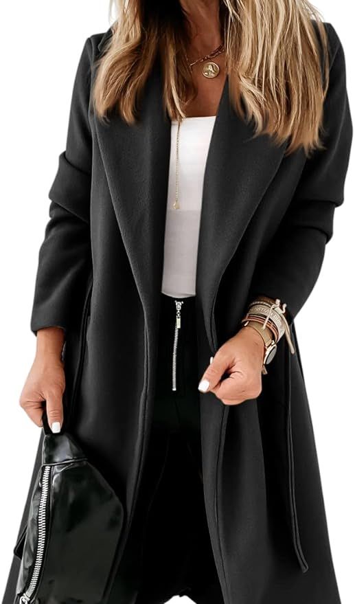 Womens Classic Coat Lapel Collar Open Front Belted Long Jacket | Amazon (US)