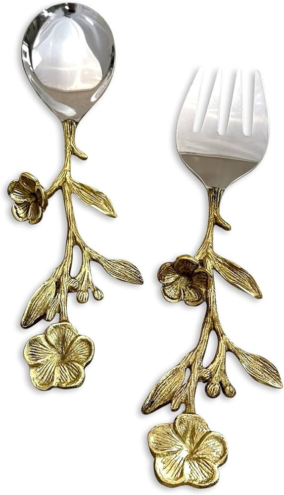 Flourishing Florals Spoon Fork, Antiqued Gold/Silver Tone 11.5 Inch Stainless Steel Salad Server ... | Amazon (US)