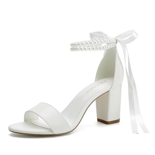 YWXYMGE Block Heel Wedding Shoes for Bride Women Chunky Heeled Sandals Pearl Bridal Shoes-Ivory-9.5 | Amazon (US)