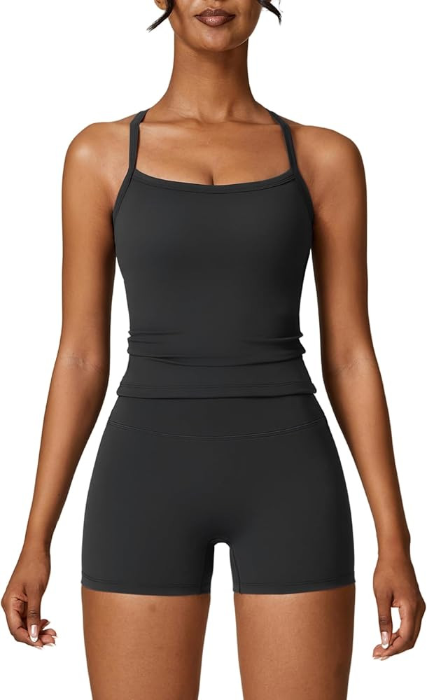 ABOCIW 2 Pieces Workout Sets for Women, Cross Back Tank Top Matching High Waist Biker Shorts, Gym... | Amazon (US)