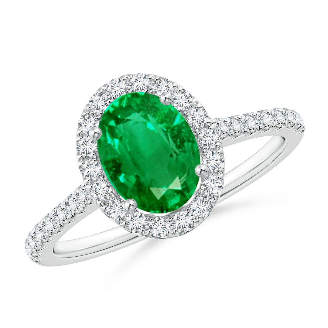 Prong-Set Oval Emerald Halo Ring with Diamond Accents | Angara Inc.