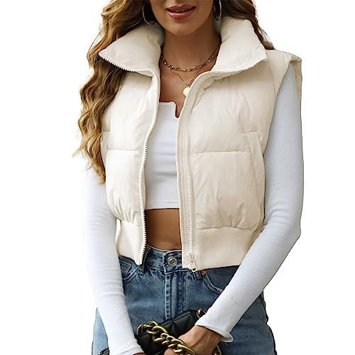 Ainangua Women's Crop Padded Vest Stand Collar Lightweight Sleeveless Puffer Zip Up Gilet Outerwear(03 Beige,XS) | Amazon (US)