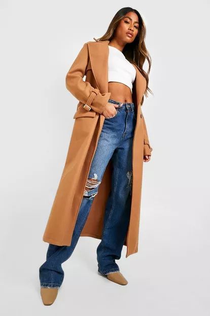 Wool Look Double Breasted Belted Maxi Coat | Boohoo.com (US & CA)