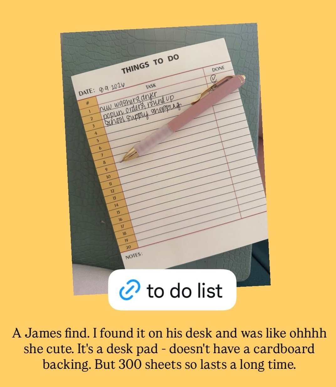 I like the look of this “To-Do List” notepad! It’s a desk pad, so there’s no firm cardboard backing. But a simple straightforward layout and 300 sheets to last a long time!

#LTKU #LTKWorkwear