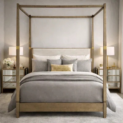 Queen Solid Wood Canopy Bed With Upholstered Headboard And Gold Metal Accents, Brown Finish | Wayfair North America