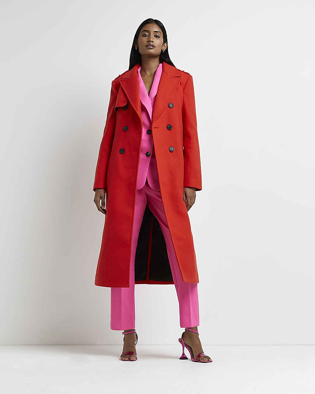 Red double breasted belted trench coat | River Island (UK & IE)