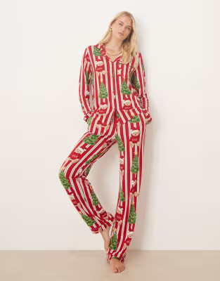 Chelsea Peers Tall poly long sleeve revere pajama set in Christmas teddy stripe print | ASOS | ASOS (Global)