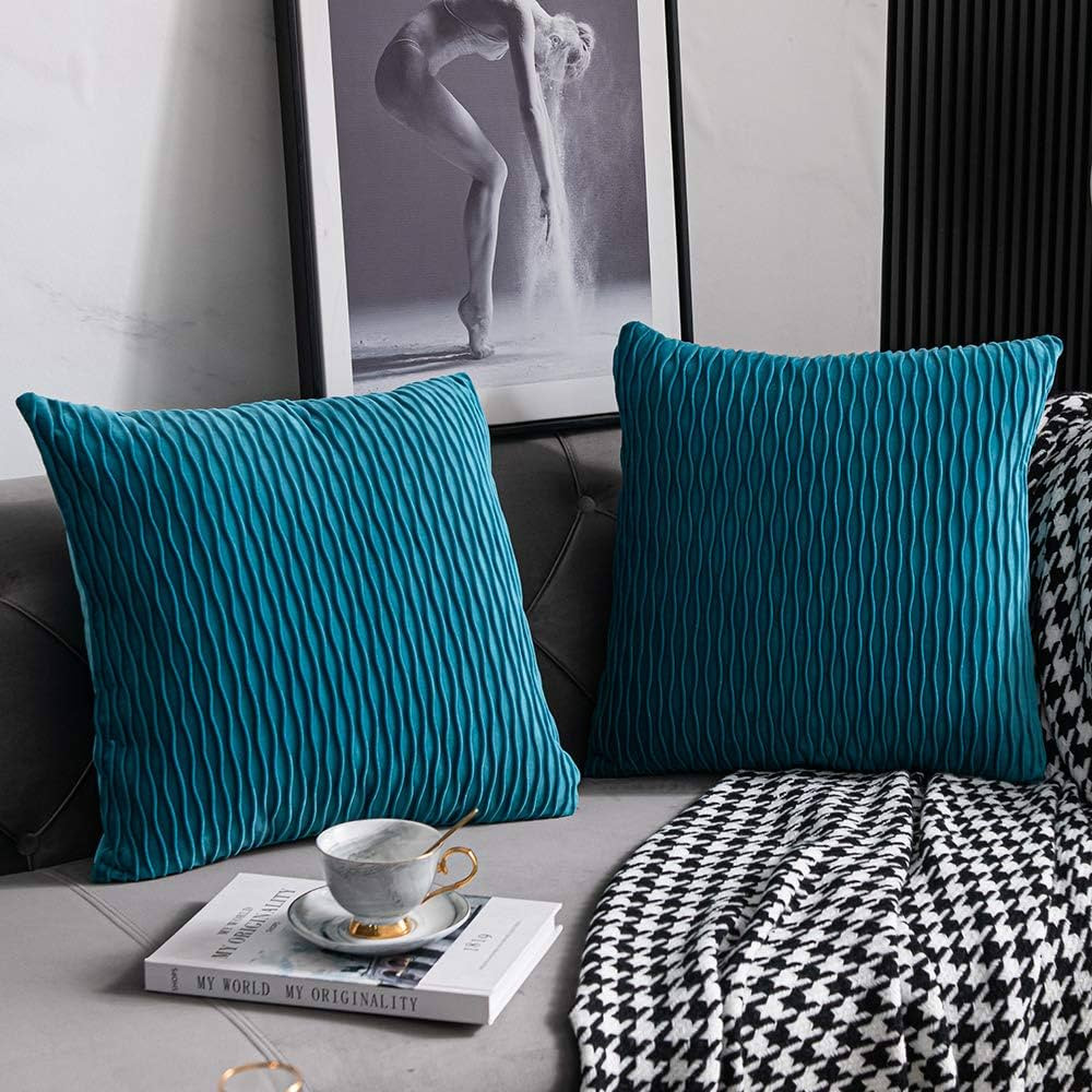 DEZENE Turquoise Throw Pillow Cases 18x18: 2 Pack Inch Original Striped Velvet Square Decorative ... | Amazon (US)