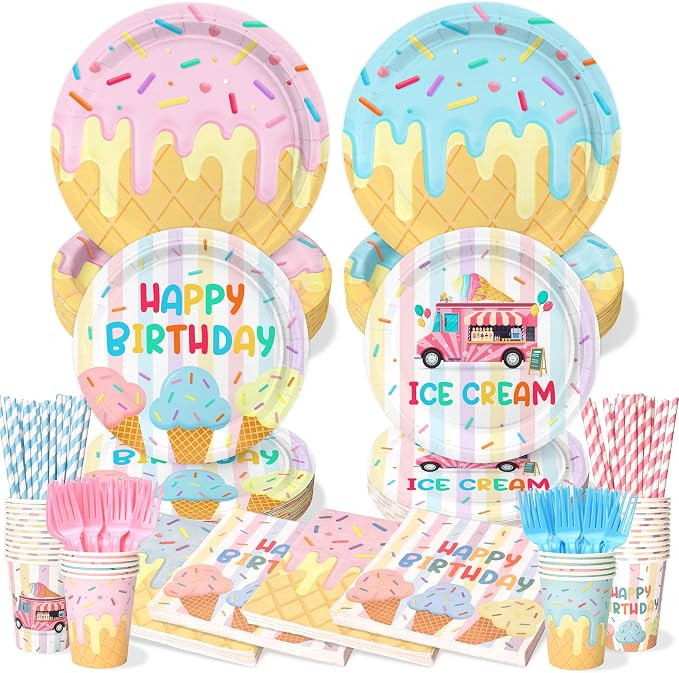 300 Pcs Ice Cream Plates and Napkins Tableware Set, Plates Napkins Cups Straws and Forks Sets, Ic... | Amazon (US)