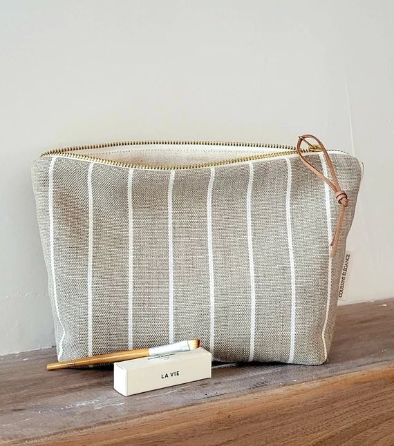 Beige and White Stripes Makeup Bag Farmhouse Cosmetic Bag | Etsy | Etsy (US)