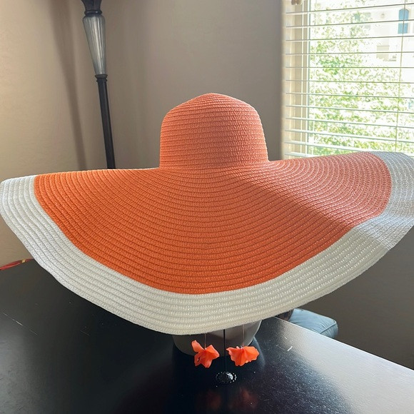 New Orange and White Large Brim Floppy Straw Hat | Poshmark