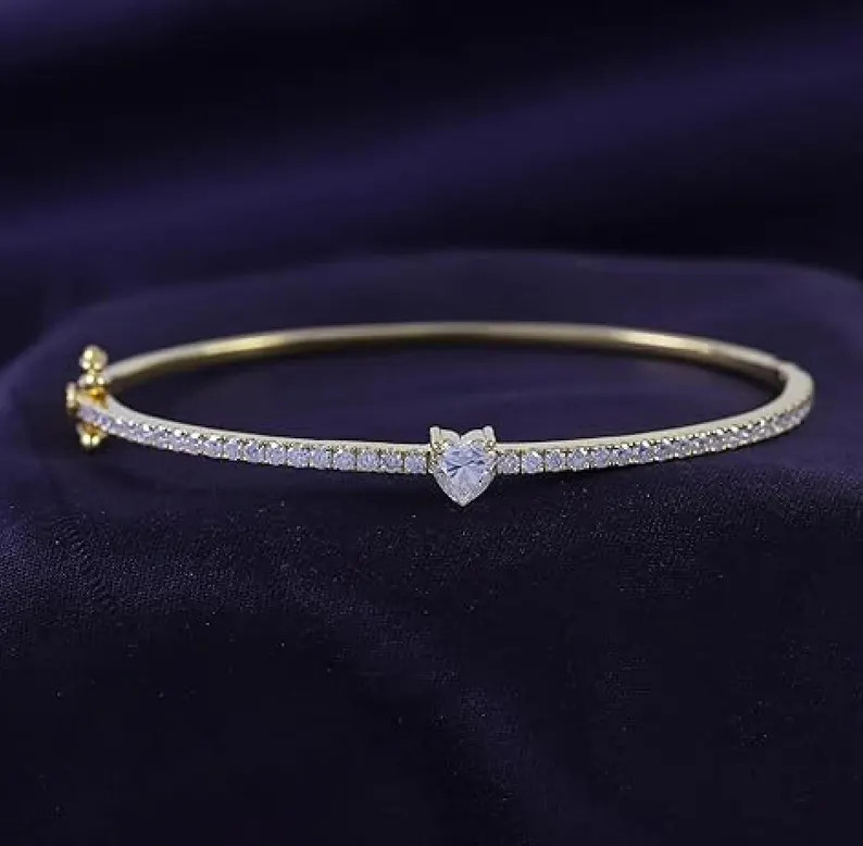 Heart & Round Cut Moissanite Diamond Heart Bangle Bracelet for Women in 14K Gold Over Sterling Si... | Etsy (US)