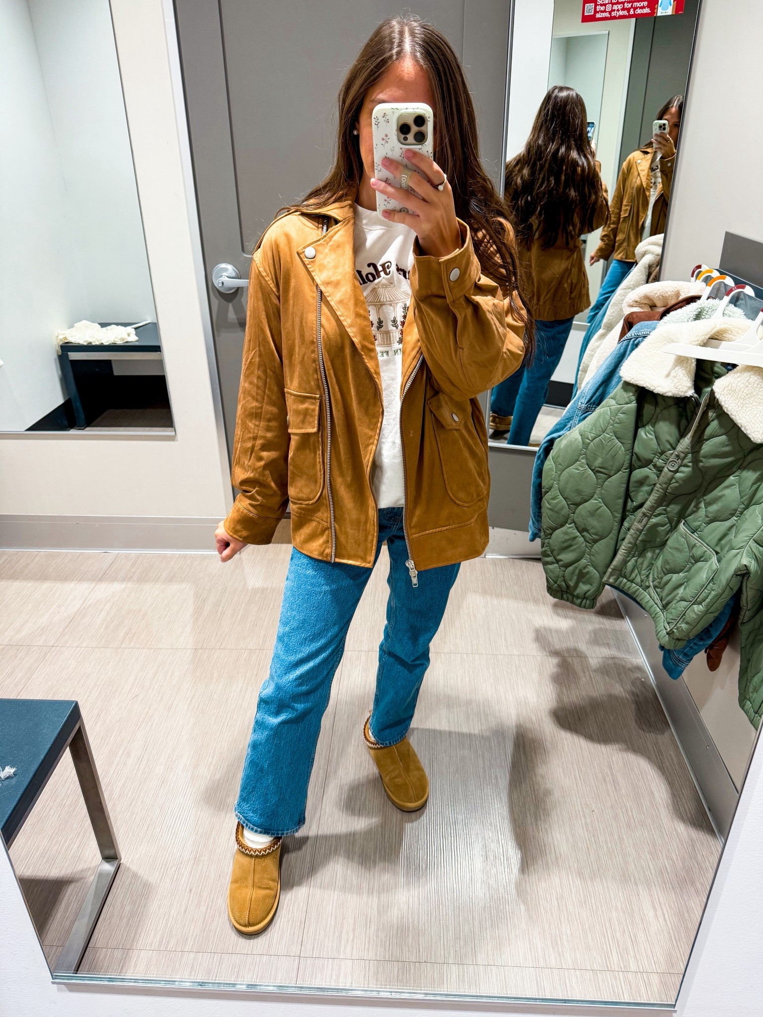 Target faux suede jacket! Wearing XS 
Denim tts xshort 
Shoes tts 

#LTKStyleTip #LTKFindsUnder100 #LTKFindsUnder50