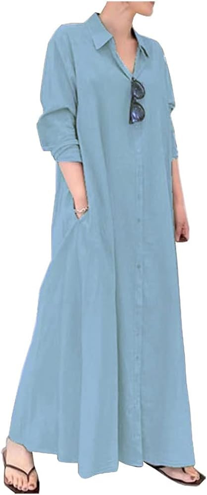 Ladyful Women's Cotton Linen Maxi Dress Summer Long Sleeve Shirt Dress | Amazon (US)