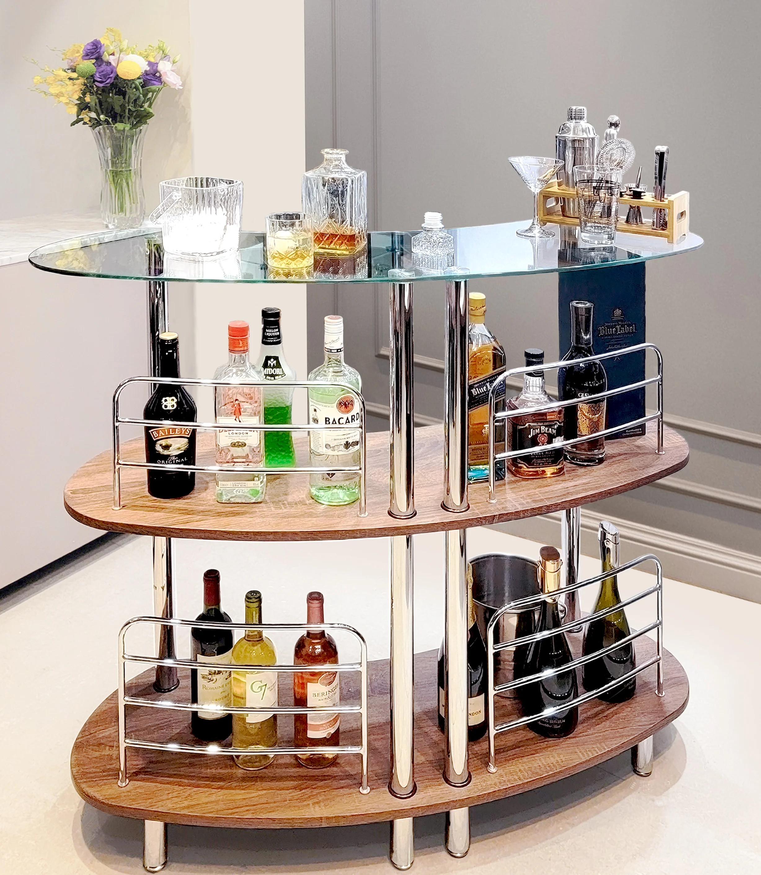 Mango Steam Contemporary Modern Home Liquor Bar Catalina Table, Brown Wood & Chrome Legs - Walmar... | Walmart (US)