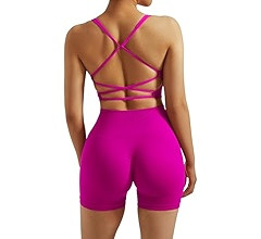 RXRXCOCO Seamless Workout Sets for Women 2 Piece Strappy Sports Bras Scrunch Butt Booty Shorts Ma... | Amazon (US)
