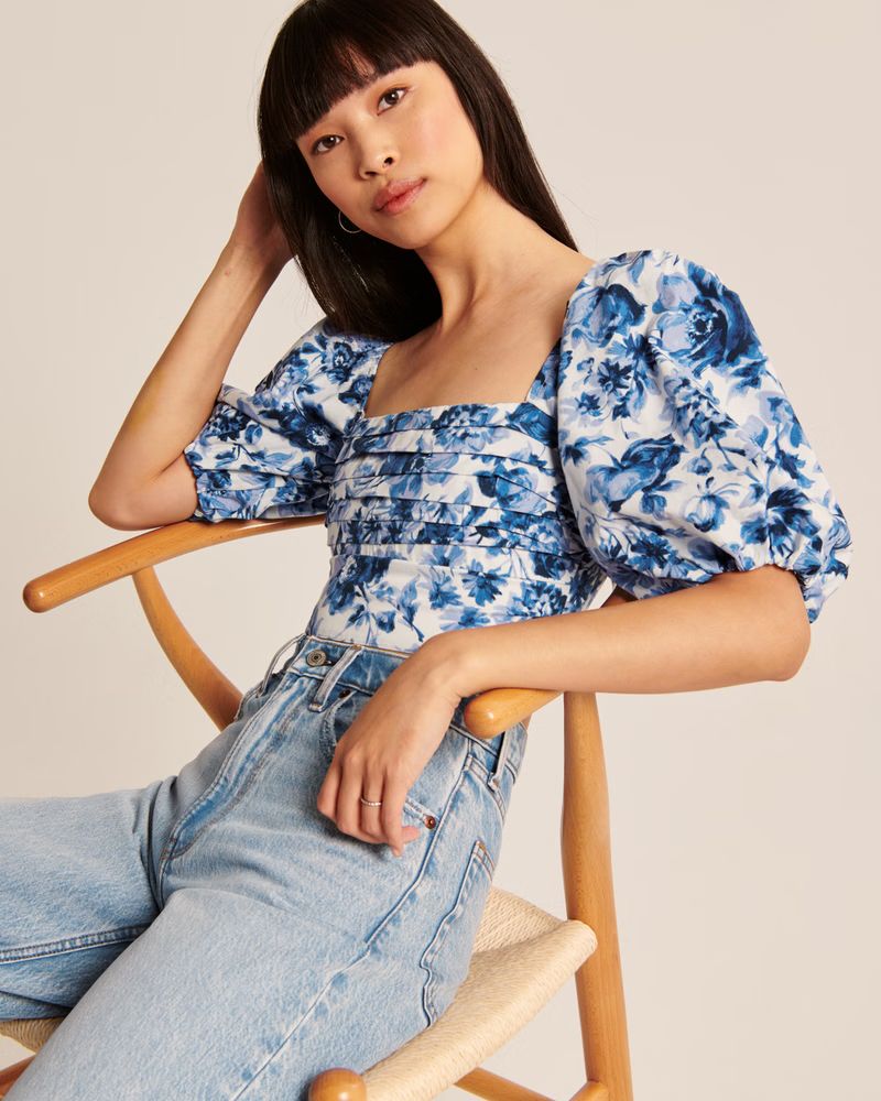 Women's Puff Sleeve Poplin Squareneck Top | Women's Tops | Abercrombie.com | Abercrombie & Fitch (US)