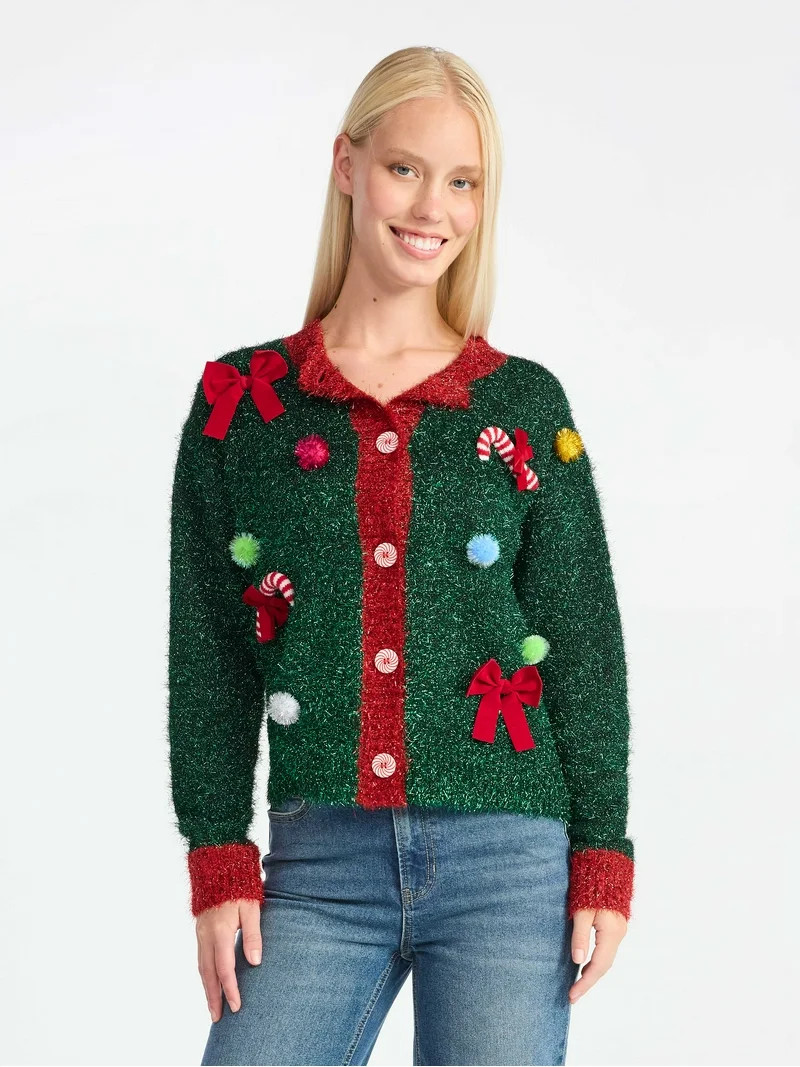 Women's Embellished Button Front Christmas Cardigan from Holiday Time, Sizes XS-XXXL | Walmart (US)