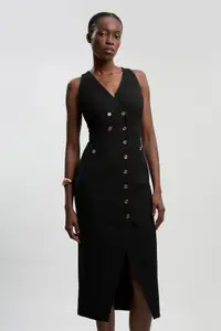 Textured Compact Stretch V Neck Button Detail Midi Dress | Karen Millen