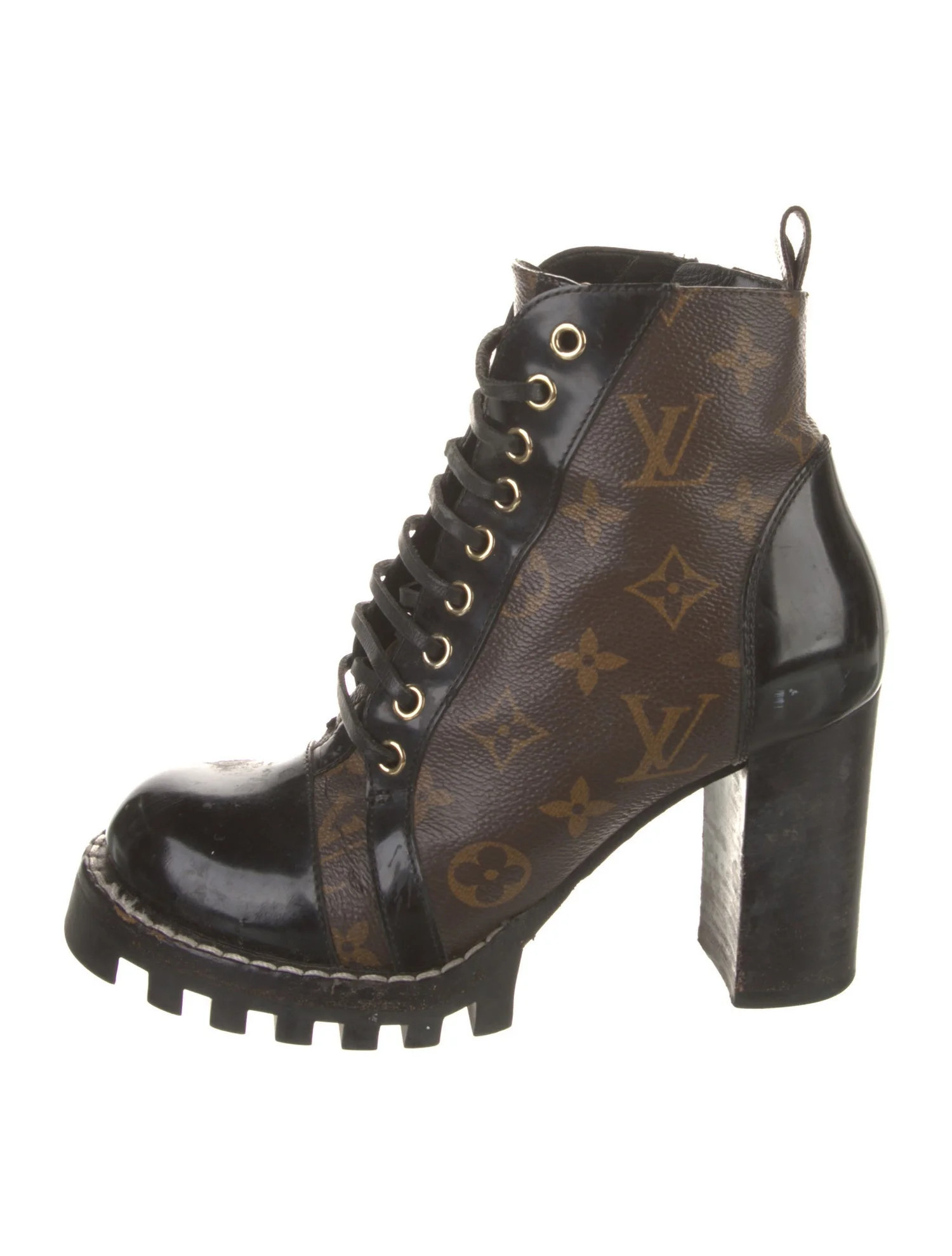 LV Monogram Leather Trim Embellishment Combat Boots | The RealReal