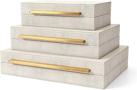 Kingflux Faux Ivory Shagreen Leather Set of 3 Pcs Decorative Boxes, Storage Boxes Jewelry Organiz... | Amazon (US)
