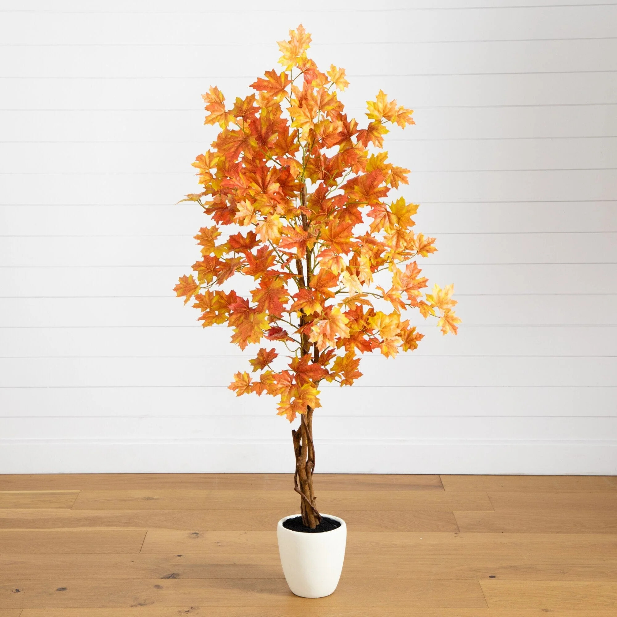 5’ Artificial Fall Double Trunk Maple Autumn Tree White Planter | Nearly Natural | Nearly Natural