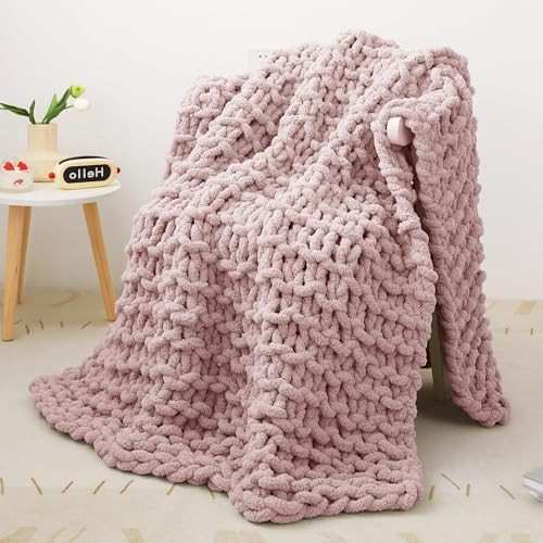 Mooreeke Chunky Knit Blanket 40"x50" Pink Soft Washable Chenille Throw Blanket Cozy 100% Handmade Crochet Blankets with Jumbo Chenille Yarn for Couch Bed Sofa Room Decor | Amazon (US)