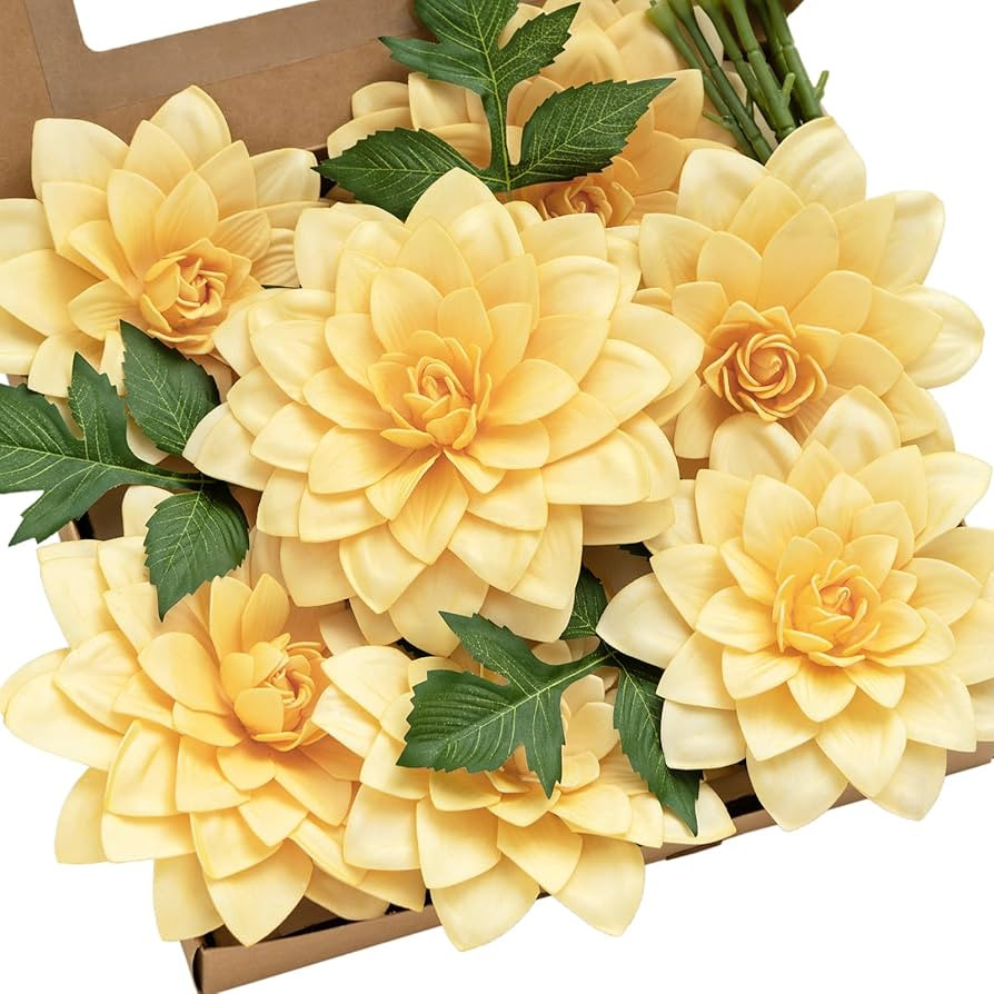 Ling's Moment Flowers 6.5" Dahlia Artificial Flowers 7pcs Creamy Yellow Flowers, Foam Fake Flowers w/Stem for DIY Wedding Decor Centerpieces Bouquets Bridal Shower Home Decorations | Amazon (US)