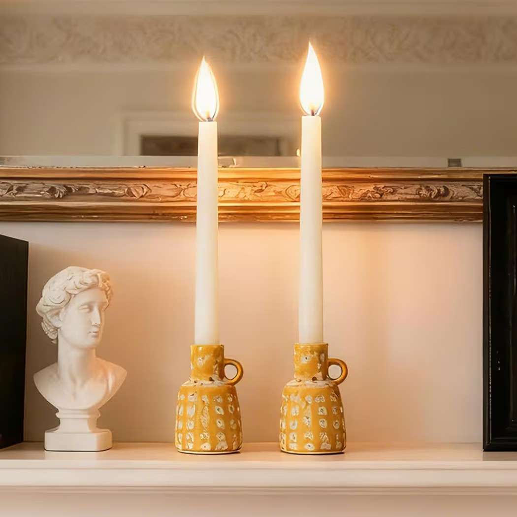 Ceramic Taper Candle Holder Decoration - Set of 2 Candlesticks with Handle Boho Style Candle Burn... | Amazon (US)