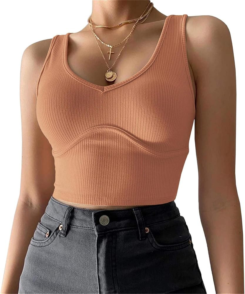 SINRGAN Women's Deep V Neck Basic Crop Tank Tops Sleeveless Ribbed Fitted Gym Sport Top | Amazon (US)