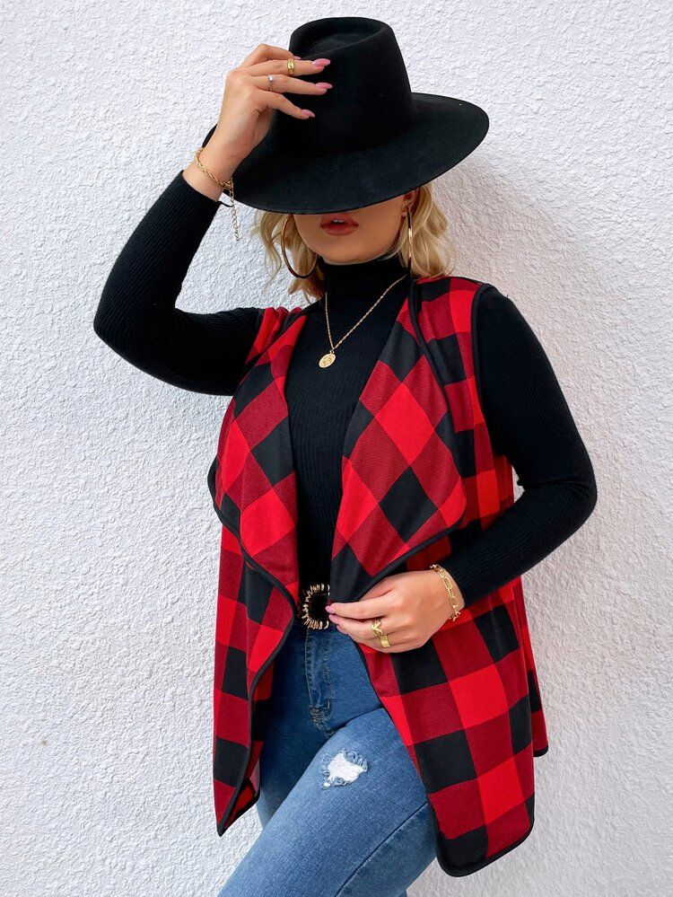 Plus Buffalo Plaid Print Open Front Vest Coat | SHEIN