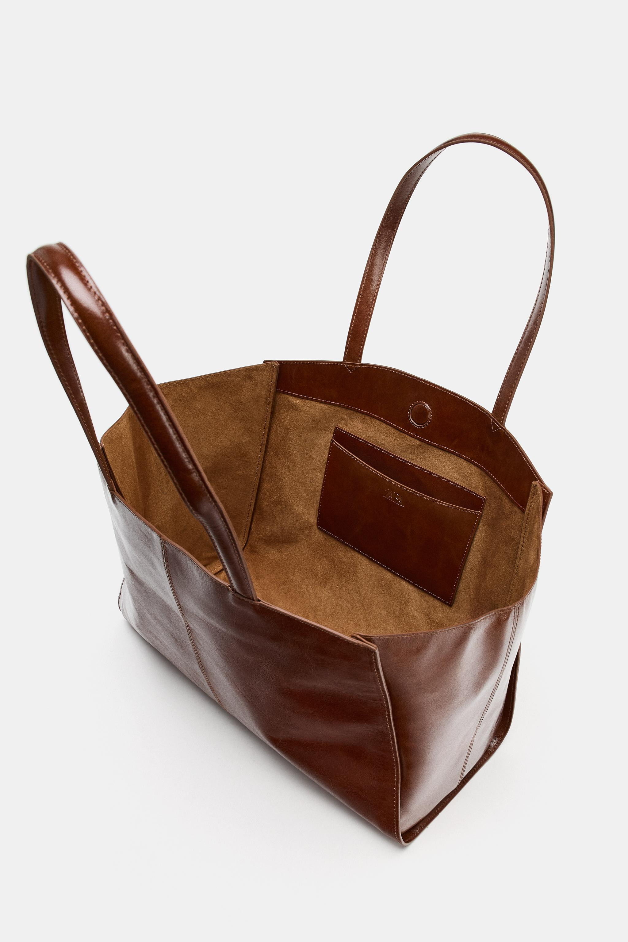 LEATHER TOTE BAG WITH TOPSTITCHING | Zara US