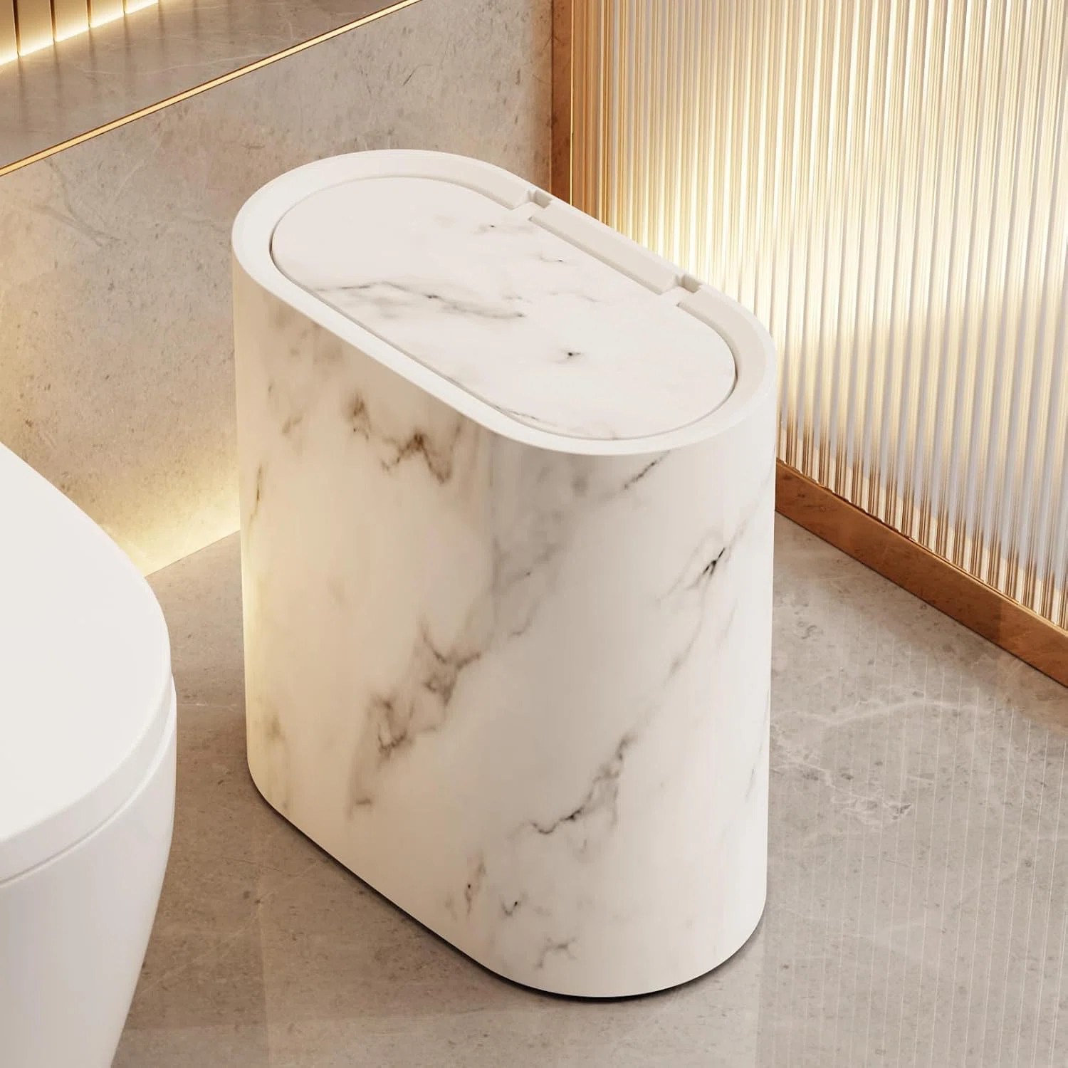 Bathroom Trashcans With Lids, Plastic Marble Wood Pattern Trash Can Small Garbage Bin With Lid (P... | Wayfair North America