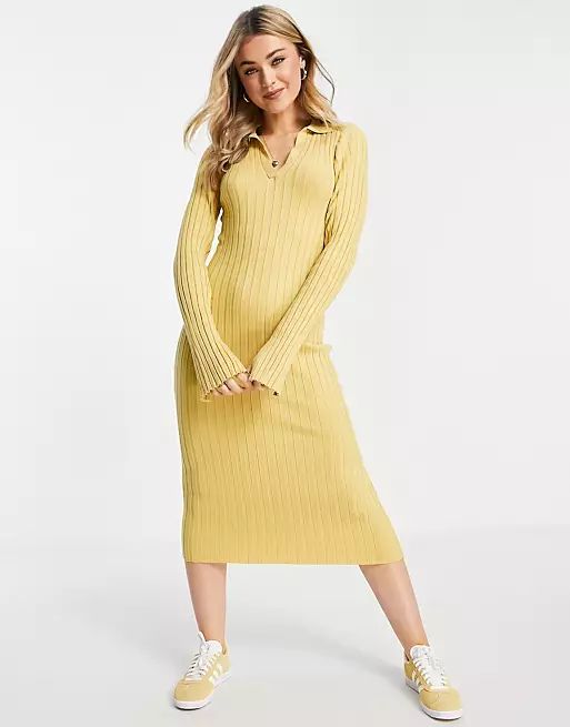 Monki ecovero rib knit midi dress with collar in mustard | ASOS (Global)
