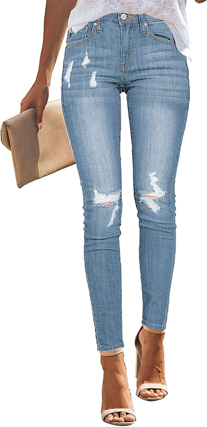 Amazon.com: Utyful Women’s High Rise Stretch Skinny Jeans Button Slim Fit Ripped Knees Denim Je... | Amazon (US)