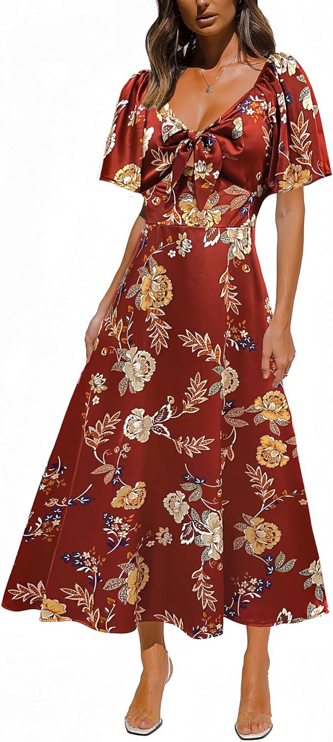 Fashionme Womens Dresses 2025 Maxi Dresses Deep V Neck Elegant Bow Tie Front Cap Sleeve Summer Fl... | Amazon (US)