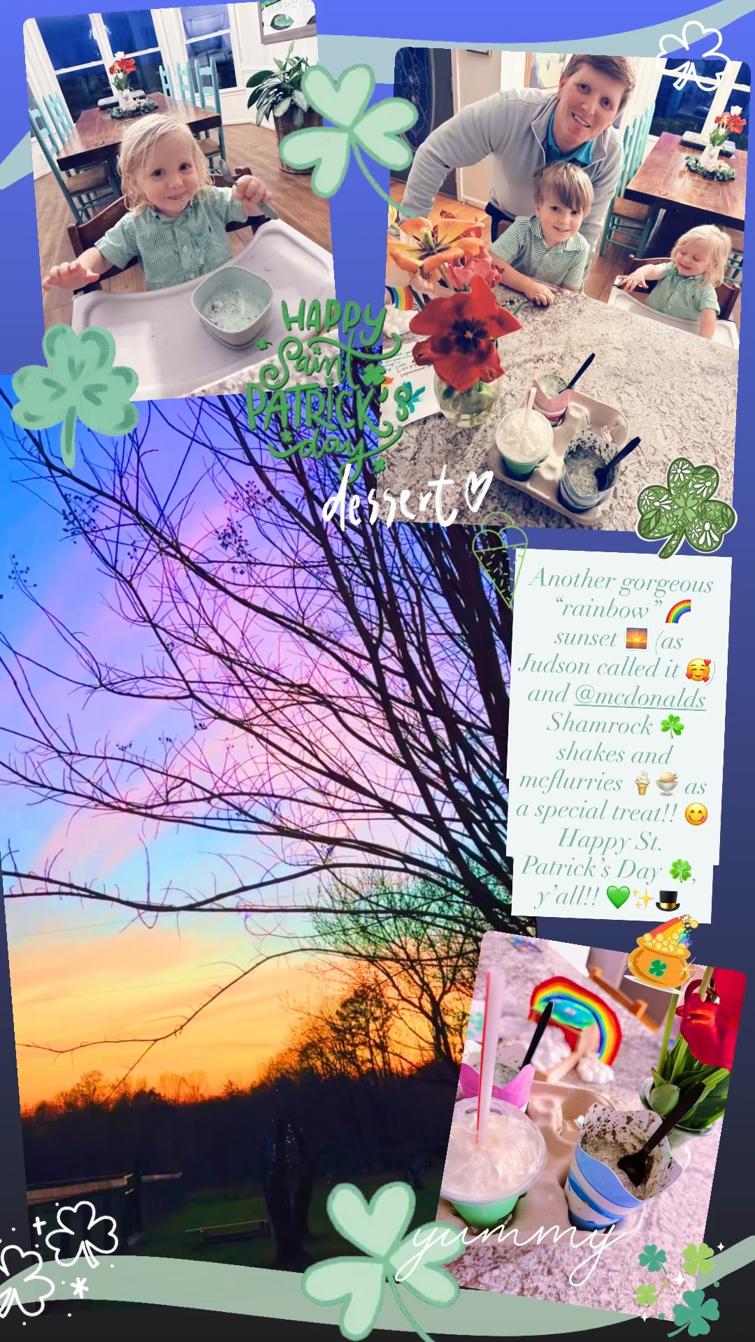 Another gorgeous “rainbow” 🌈 sunset 🌅 (as Judson called it 🥰) and @mcdonalds Shamrock ☘️ shakes and mcflurries 🍦🍨 as a special treat!! 😋 Happy St. Patrick’s Day 🍀, y’all!! 💚✨🎩