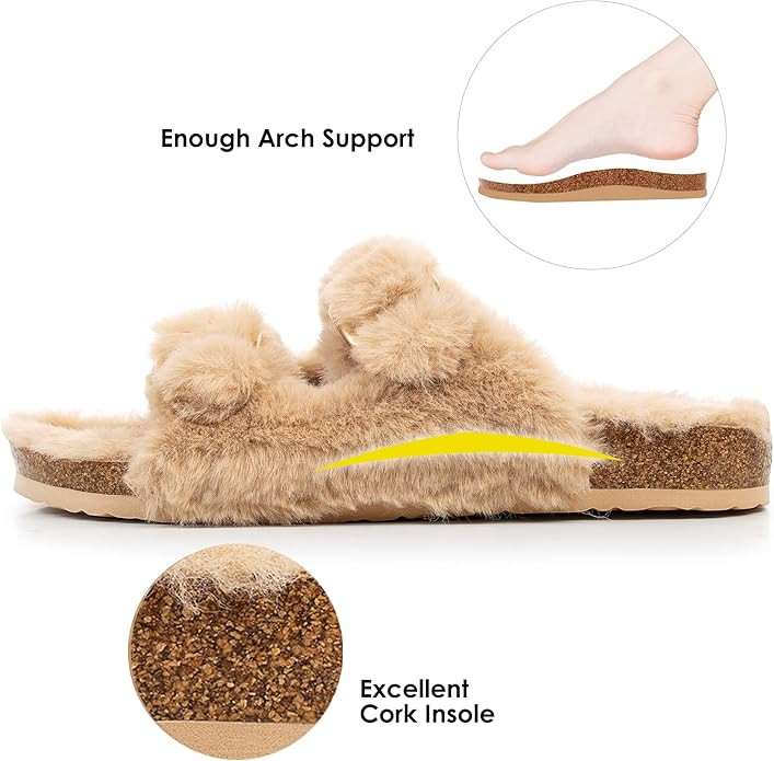 FITORY Womens Open Toe Slipper with Cozy Lining,Faux Rabbit Fur Cork Slide Sandals Size 6-11 | Amazon (US)