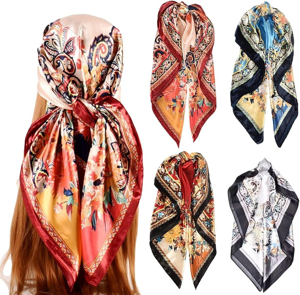 4Pcs Silk Head Scarves for Women Satin Hair Scarf 35\u201dLarge Square Bandana Silk Like Neck Sca... | Amazon (US)