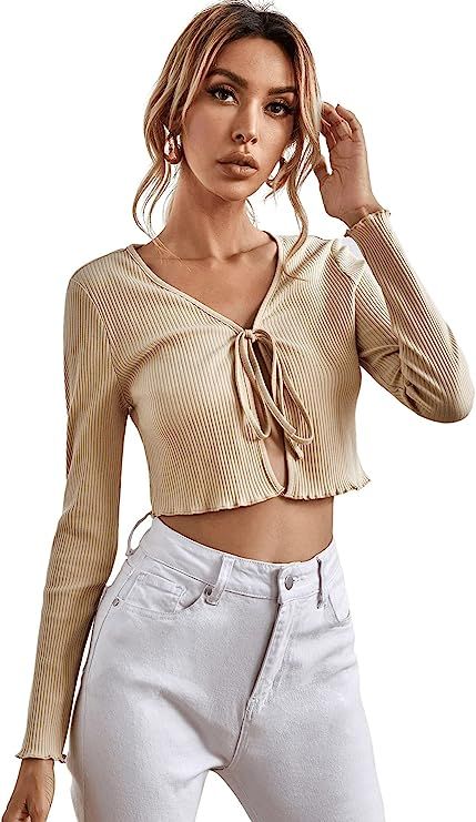 SweatyRocks Women's Tie Up Open Front Long Sleeve Crop Top T Shirt | Amazon (US)