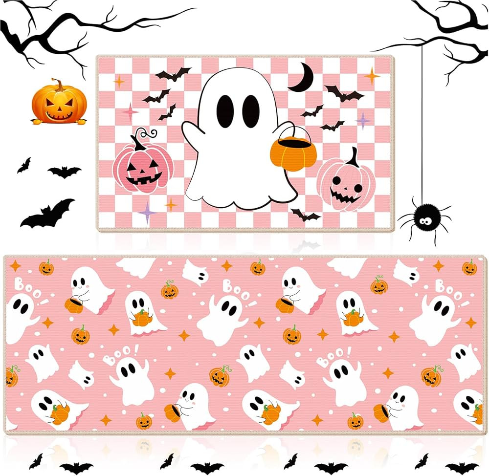 Set of 2 Halloween Ghost Kitchen Mats Pink Ghost Kitchen Mats Cute Halloween Bathroom Rug Non Sli... | Amazon (US)