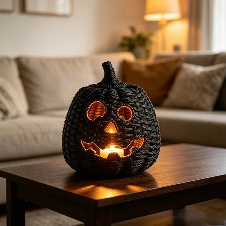 Halloween Pumpkin Decorations, Black Pumpkin Decor with Carved Face for Candy Storage & Candle Holder, Spooky Fall Home Decor Indoor for Mantel Table Shelf, Halloween Party Centerpiece | Walmart (US)