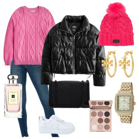 Pink and black outfit ideas. Comfortable jeans, white tennis shoes, gold watch dupes from amazon, Ugg pink hat.  Jo Malone, makeup, eyeshadow  

#LTKunder100 #LTKstyletip #LTKshoecrush