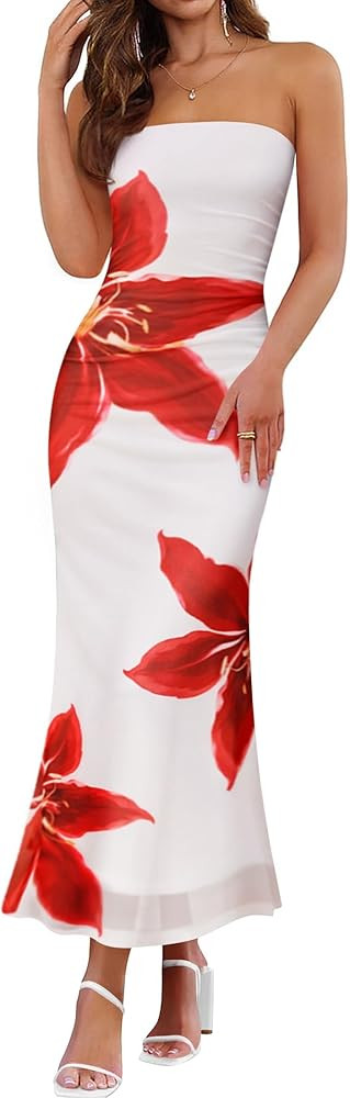 ZESICA Womens Boho Floral Strapless Maxi Dress 2025 Summer Off Shoulder Bodycon Beach Party Long ... | Amazon (US)