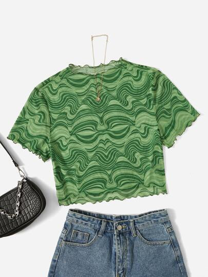 SHEIN Plus Allover Print Lettuce Trim Mesh Top | SHEIN