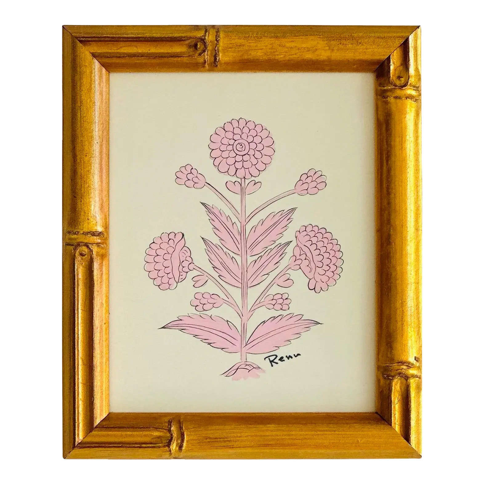 Hand-Painted Jaipuri Pink Floral Motif Painting | Chairish