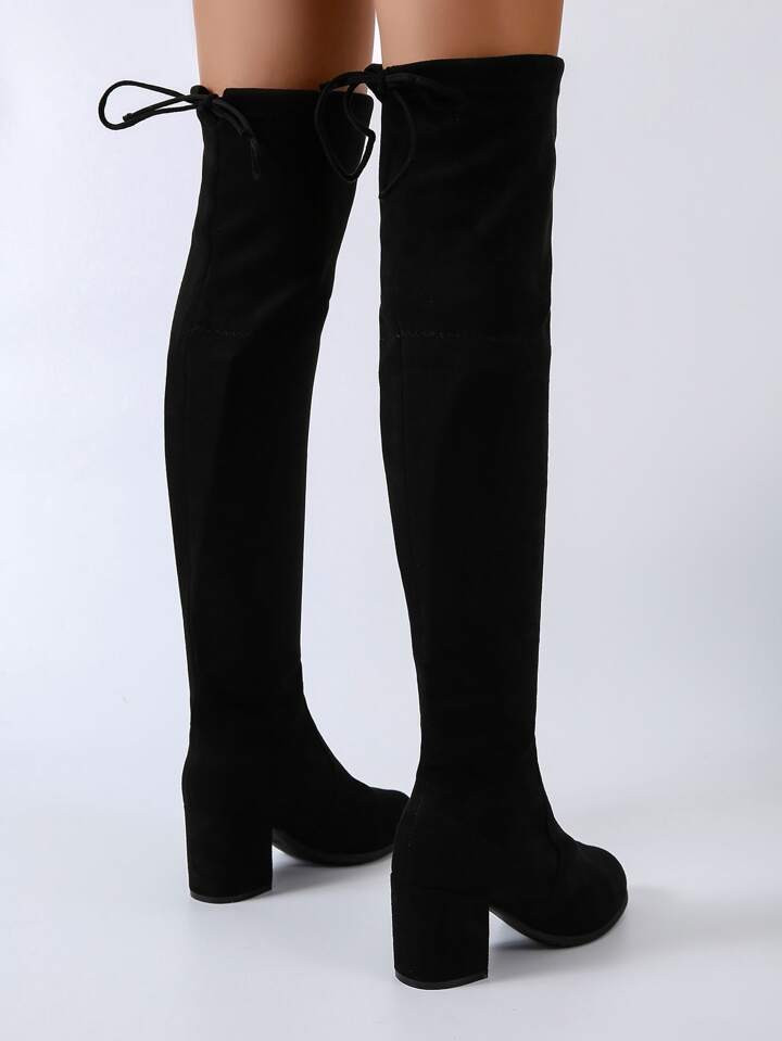 Ideal With Cardigan,Women's Black Minimalist Tie Back Chunky Knee High Heeled Boots, Style With S... | SHEIN
