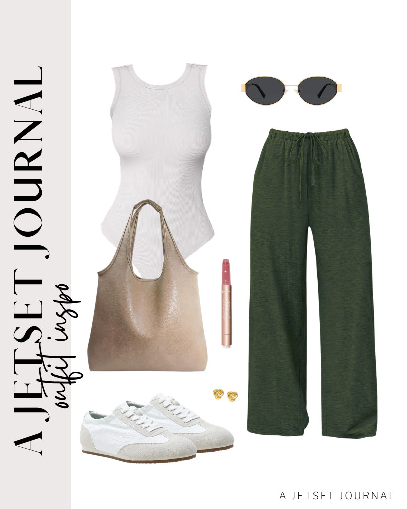 You can also pair this white ANRABESS bodysuit with green Sampeel wide-leg pants for another relaxed fit. These Vepose casual sneakers and HOXIS bag perfectly match this look, along with CHIC & ARTSY love knot earrings.

#LTKSeasonal #LTKSaleAlert #LTKTravel
 

 