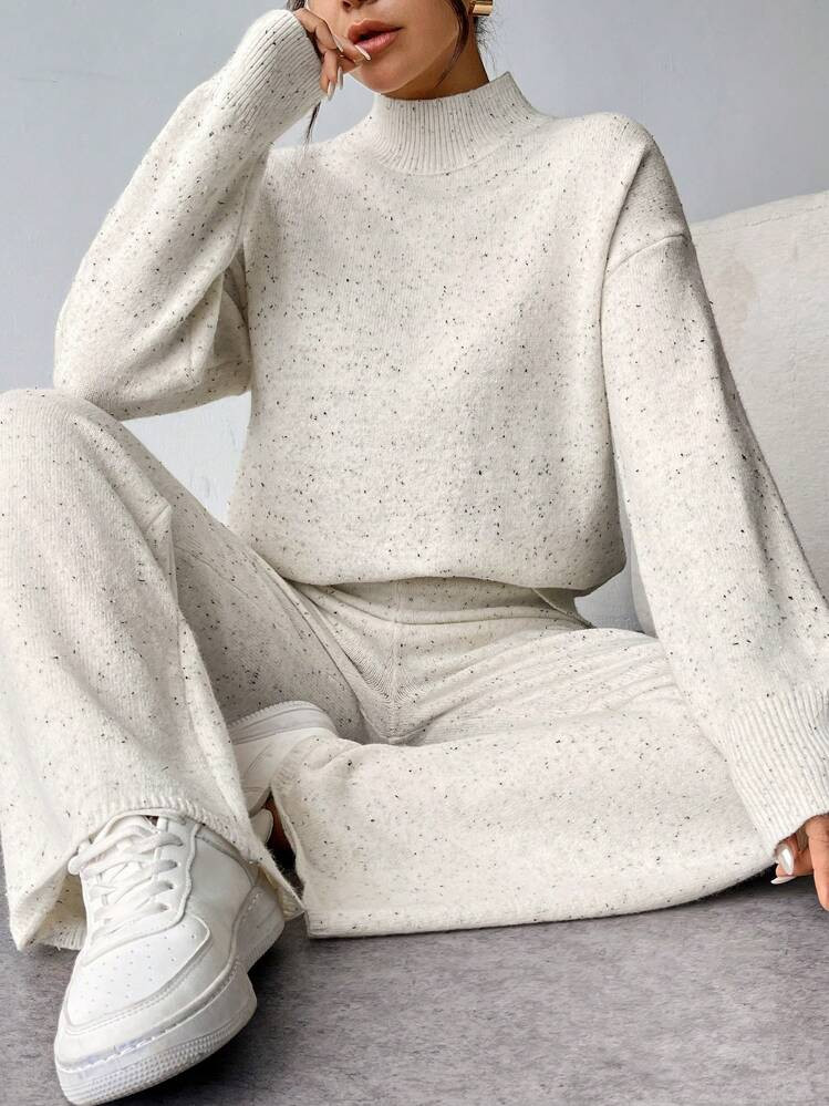 Firerie 2pcs Elderly Women Casual Comfortable Loose Knit Sweater And High Waist Elastic Pants Set, Autumn/Winter, Fall And Winter, Casual, White, Longsleeve,Women's Fall Clothes | SHEIN