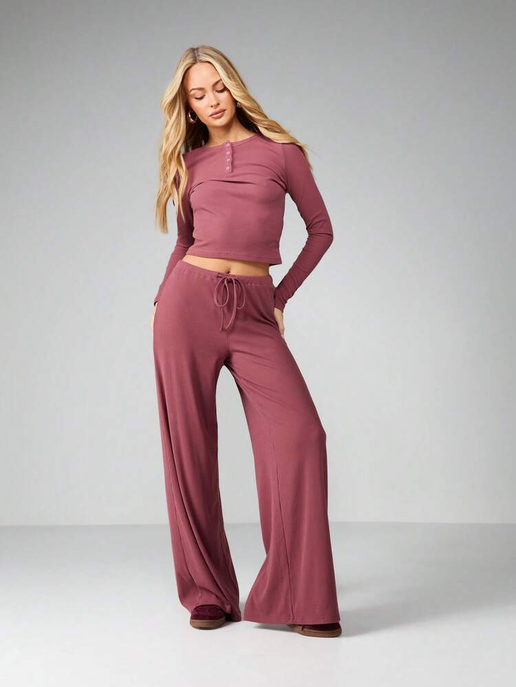 MISSGUIDED Ribbed Lounge Set Long Sleeve Henley Top Wide Leg Palazzo Pants Matching Coordinated Two Piece Outfit | SHEIN